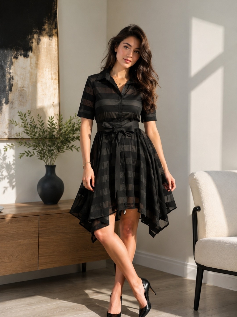 Belle Badgley Mischka Black Striped Handkerchief Hem Dress Size 10